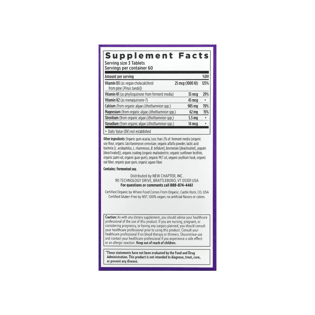 New Chapter Bone Strength Take Care supplement facts panel listing ingredients, dosage, and serving size