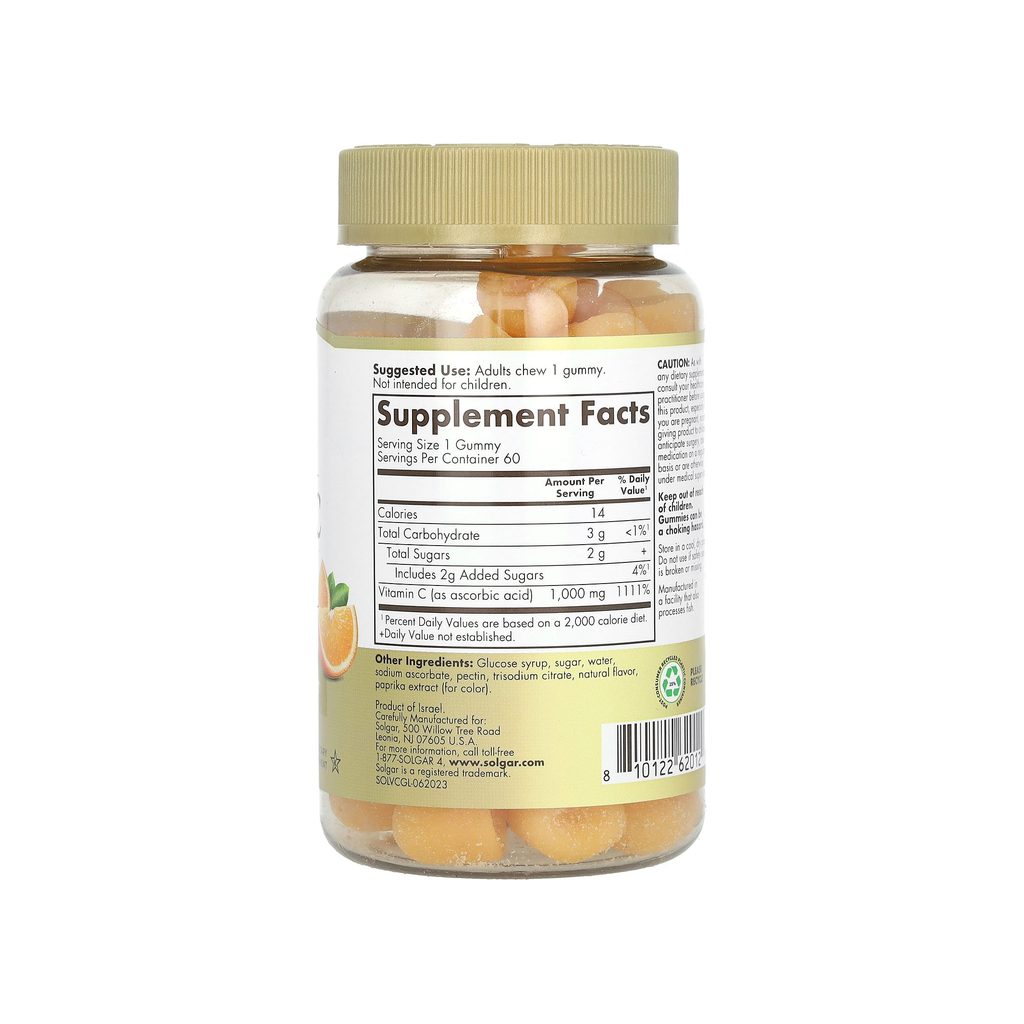 Solgar Vitamin C 1000 mg Tart Orange Gummies supplement facts panel listing ingredients and serving size