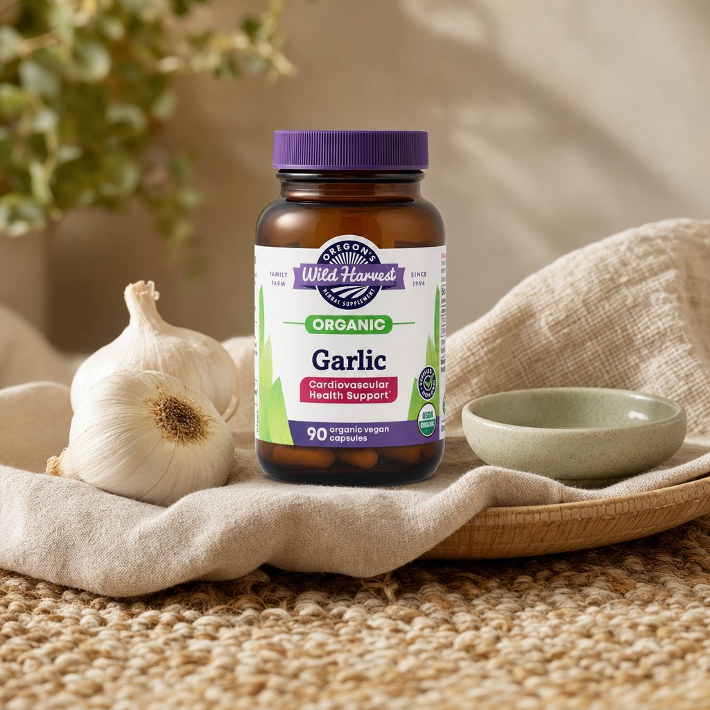 Oregon's Wild Harvest Garlic bottle side label with supplement facts and suggested use