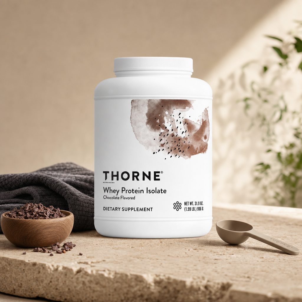 Thorne Research Whey Isolate Chocolate tub beside a prepared shake