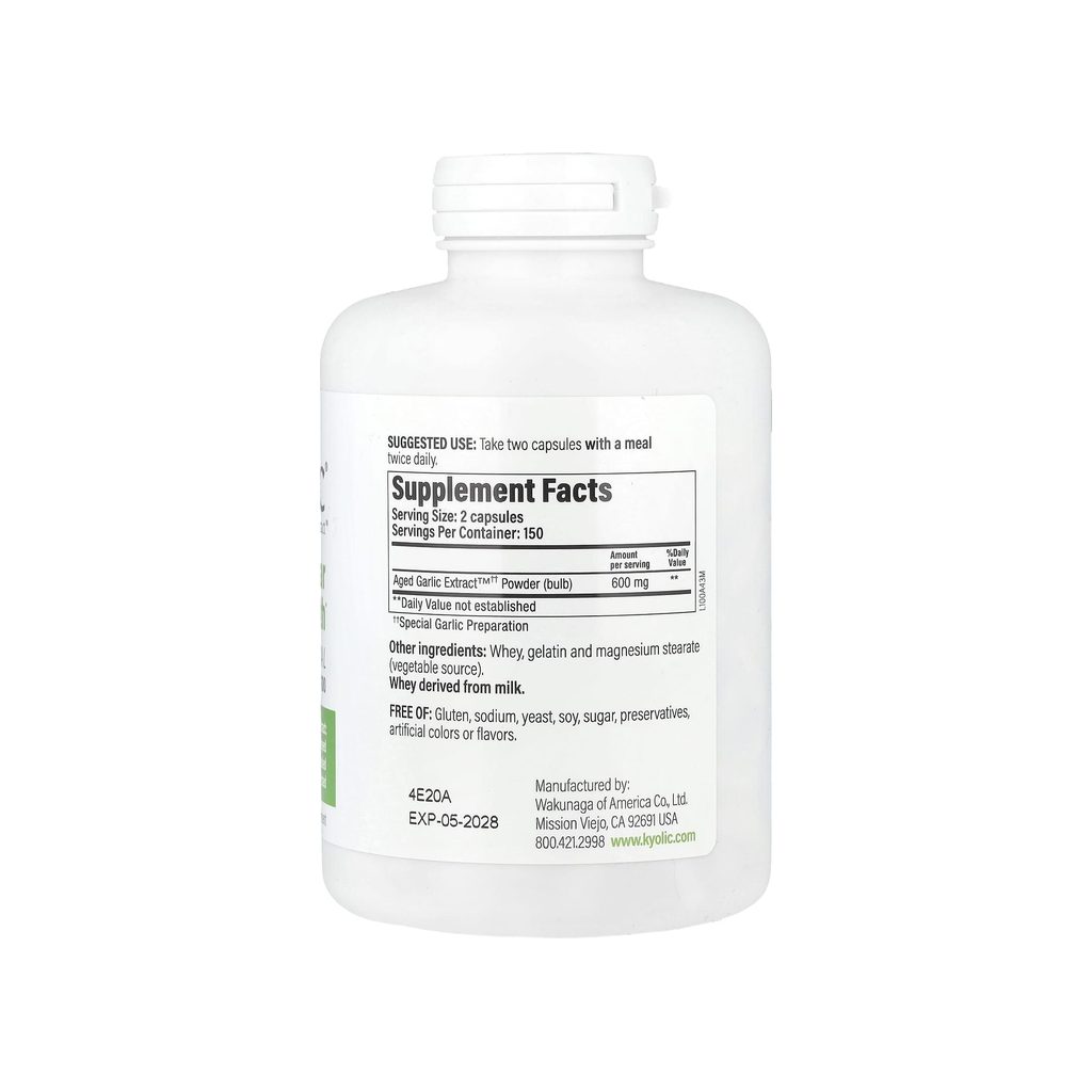 Kyolic Formula 100 supplement facts panel with ingredients, dosage, and serving size