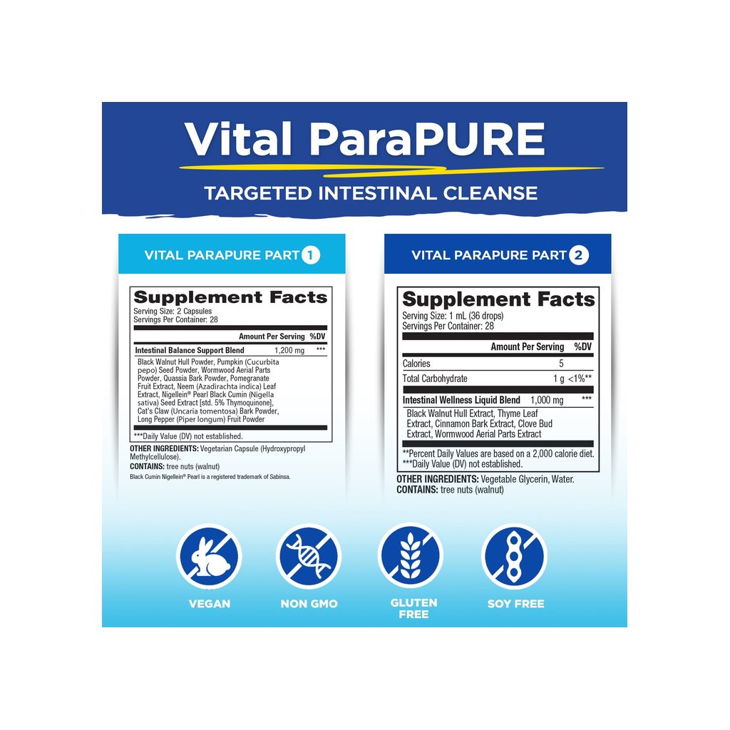 Vital Planet Vital ParaPURE supplement facts panel listing ingredients, dosage, and serving size
