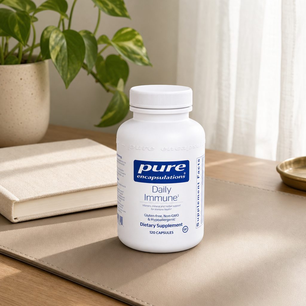 Pure Encapsulations Daily Immune Capsules bottle with capsules on a clean wellness counter