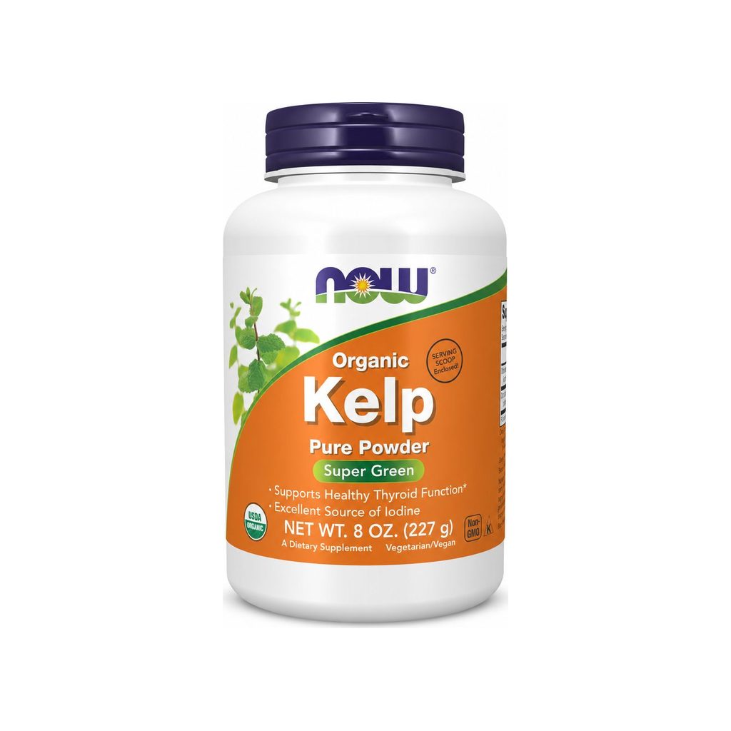 NOW Foods Organic Kelp Powder 8 oz front bottle with USDA Organic and Non-GMO badges