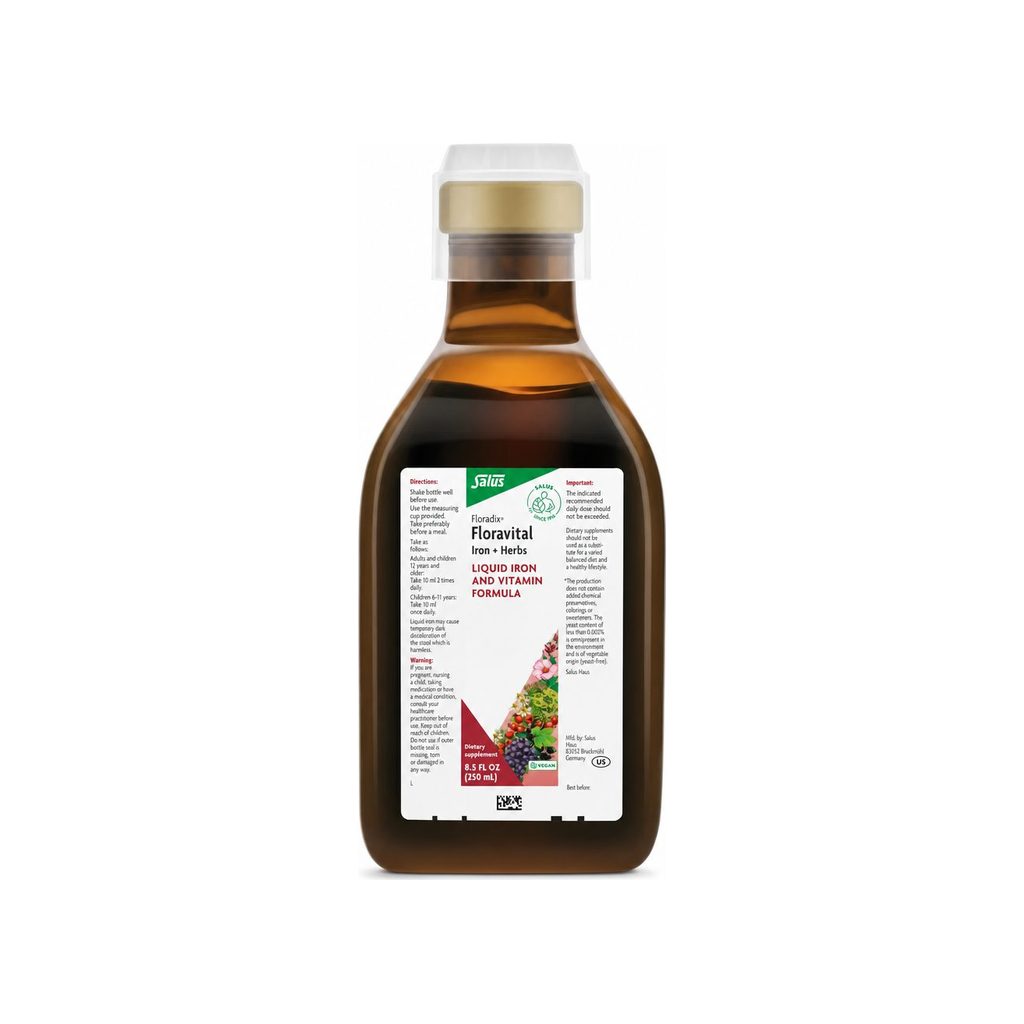 Floradix Floravital Iron + Herbs Yeast-Free 8.5 fl oz front bottle and carton