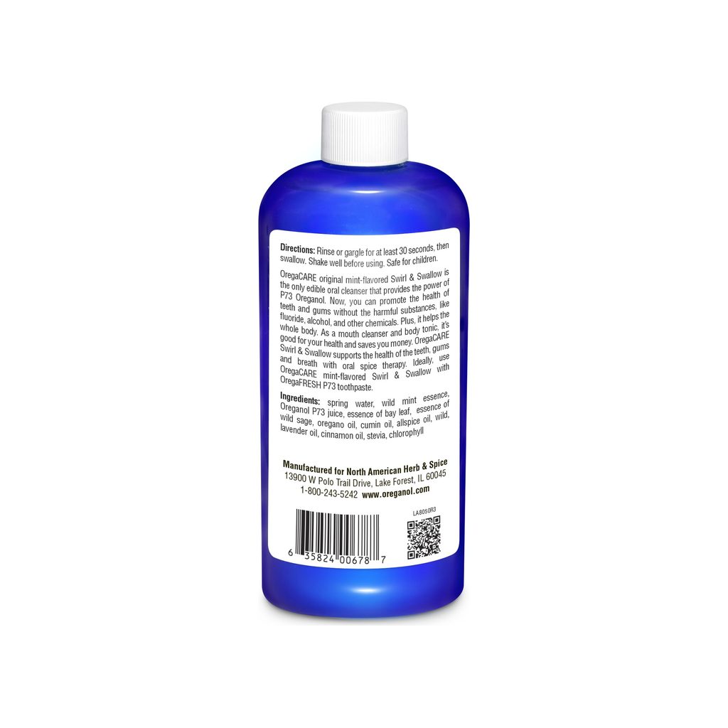 North American Herb & Spice OregaCARE Mint ingredients panel listing directions and bottle size