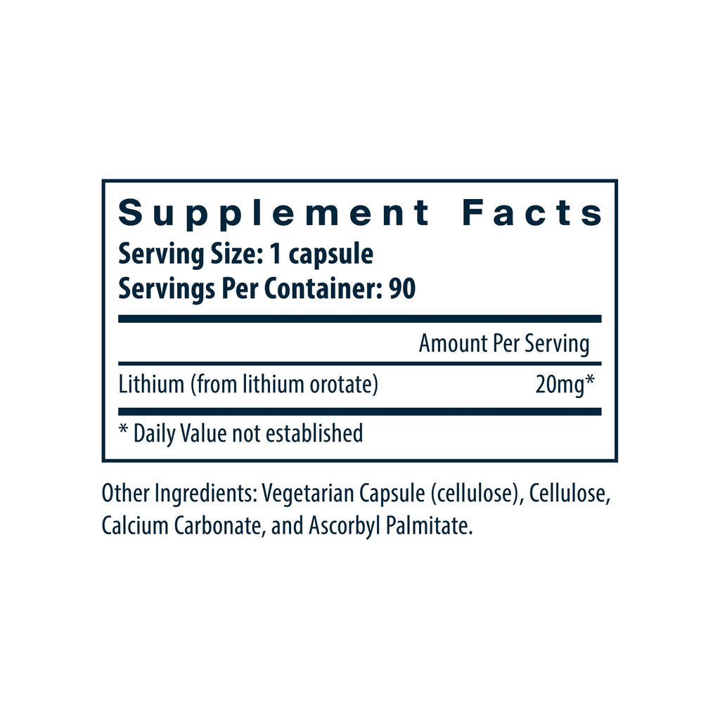 Vital Nutrients Lithium Orotate 20 mg supplement facts panel listing ingredients and serving size