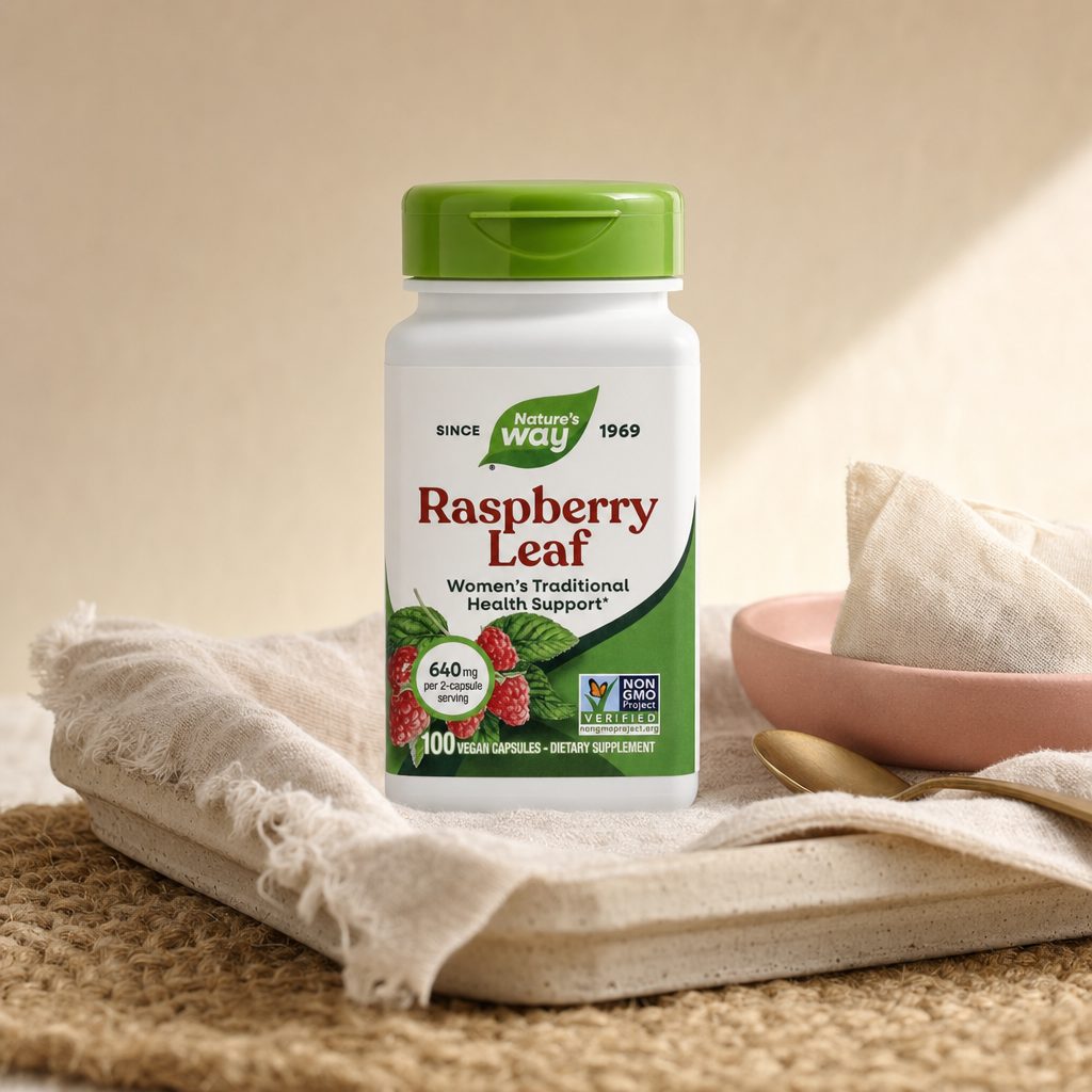 Nature's Way Raspberry Leaf 100 Vegan Capsules bottle showing side label details