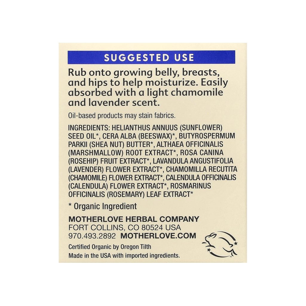 Motherlove Pregnant Belly Salve ingredients panel listing botanicals, directions, and warnings
