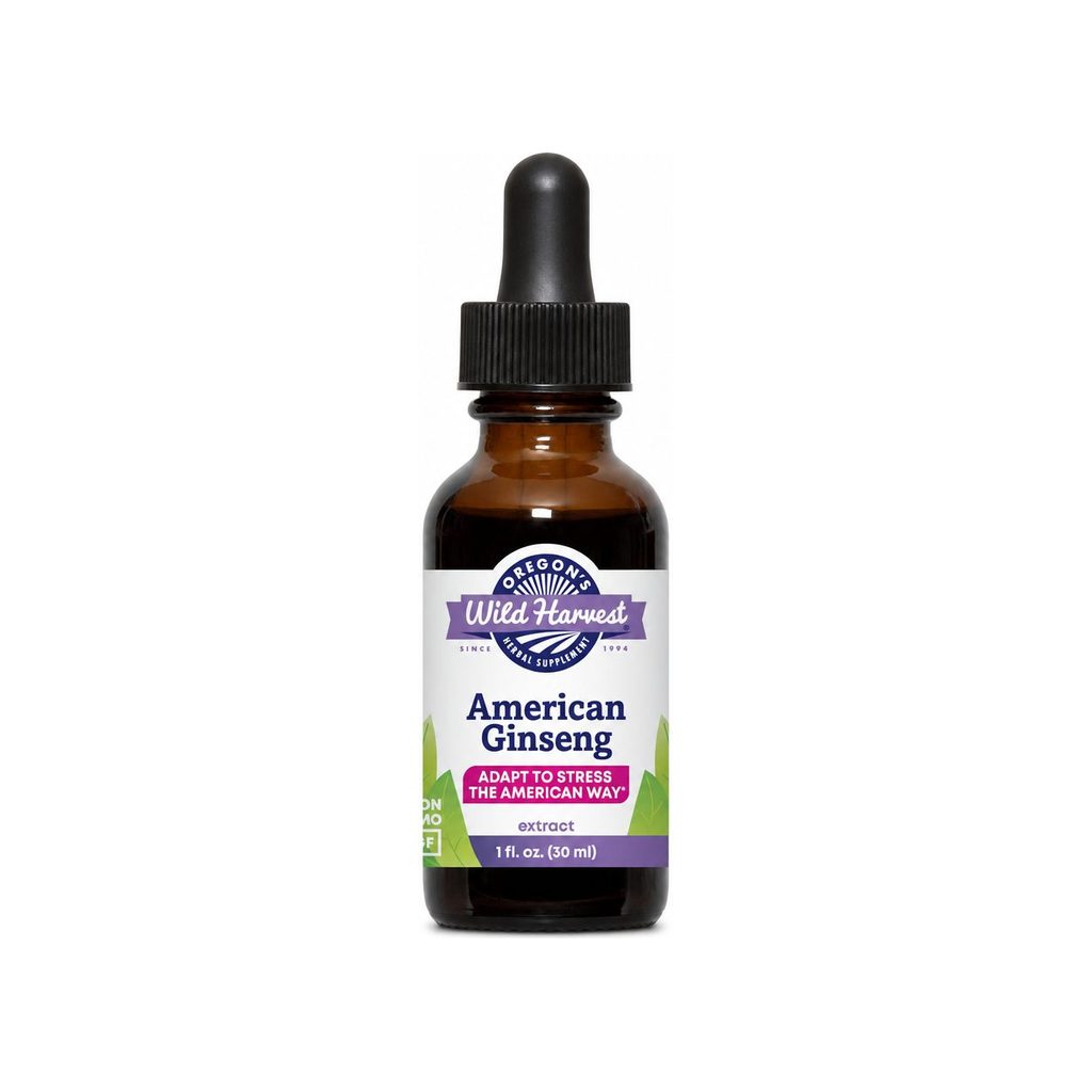 Oregon's Wild Harvest American Ginseng Extract 1 fl oz amber dropper bottle front label
