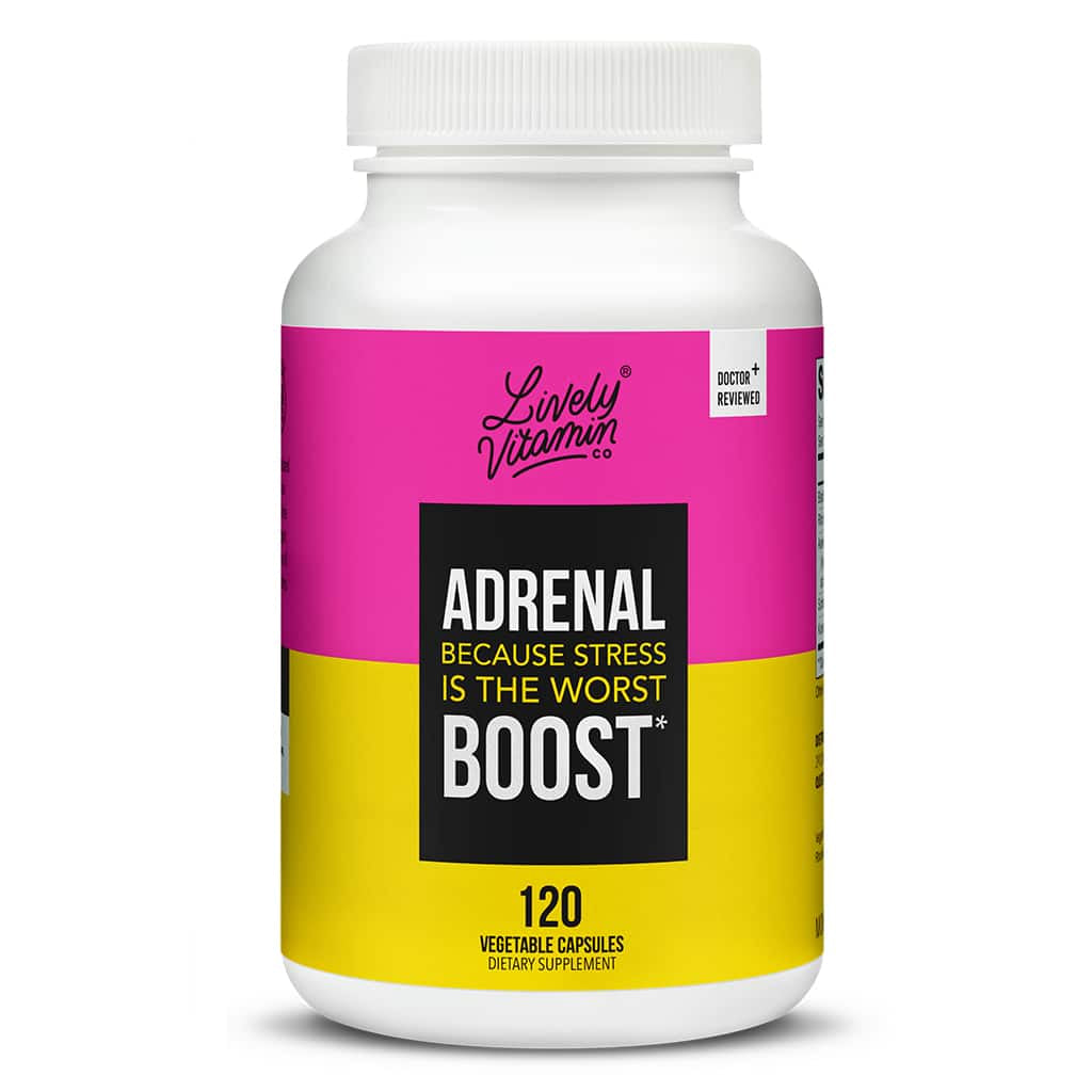 White supplement bottle of Lively Vitamin Co. Adrenal Boost featuring a bold pink and yellow design, labeled "Adrenal Because Stress Is The Worst Boost." This version contains 120 vegetable capsules and is marked as doctor-reviewed.