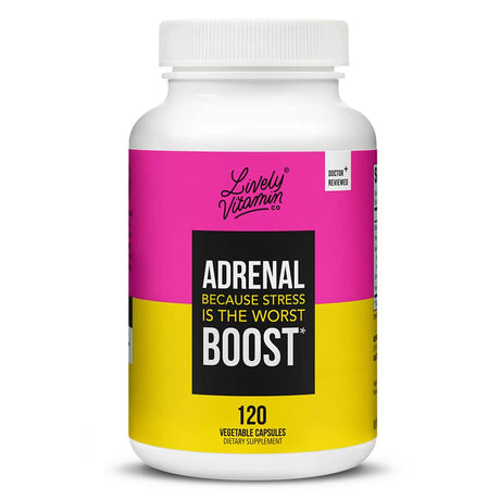White supplement bottle of Lively Vitamin Co. Adrenal Boost featuring a bold pink and yellow design, labeled "Adrenal Because Stress Is The Worst Boost." This version contains 120 vegetable capsules and is marked as doctor-reviewed.