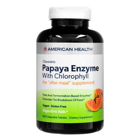 Front view of American Health Papaya Enzyme With Chlorophyll 600 Chewable Tablets, showing white label with papaya imagery and key benefits like digestive support.