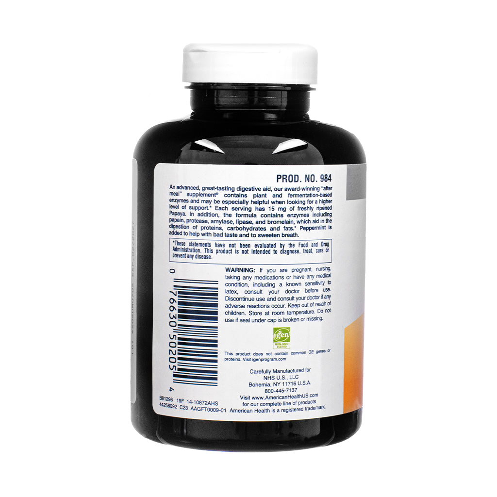 Back label of the American Health Super Papaya Enzyme Plus 360 Tablets, featuring product description, usage warnings, and manufacturer details including barcode.