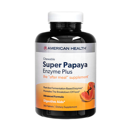 Front view of the American Health Super Papaya Enzyme Plus 360 Tablets bottle, showing branding, key benefits like digestive support, and an image of papaya fruit.