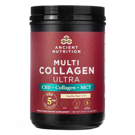 A red 18 oz container of Ancient Nutrition Multi Collagen Ultra dietary supplement in Vanilla Chai flavor, featuring CBD, collagen, and MCT. The label highlights 5 mg of CBD per serving and benefits for skin and joints, with five types of collagen included.