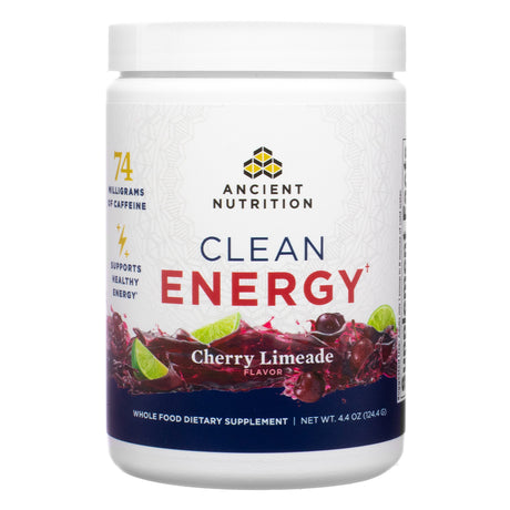 The front label of Ancient Nutrition Clean Energy Cherry Limeade 4.4 oz shows the product name, flavor, and claims like 74 milligrams of caffeine and support for healthy energy, with vibrant imagery of cherries and lime slices.