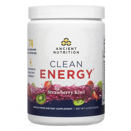 The front label of Ancient Nutrition Clean Energy Strawberry Kiwi 4.3 oz highlights the product name and flavor, with bold typography and vivid imagery of strawberries and kiwis. It also notes the caffeine content and energy support claims.