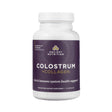 Clear view of Ancient Nutrition Colostrum + Collagen Capsules front label, 75-count bottle with navy and gold packaging, showing product title, brand emblem, and emphasis on gut, skin, and immune support.