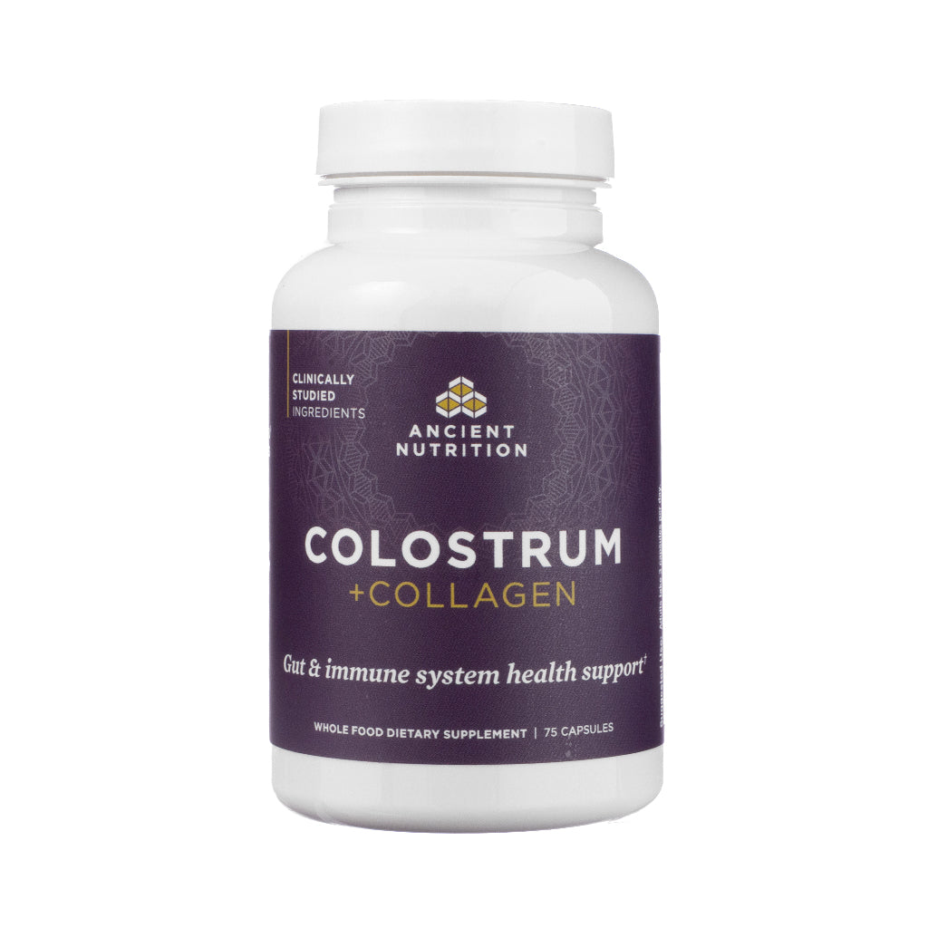 Clear view of Ancient Nutrition Colostrum + Collagen Capsules front label, 75-count bottle with navy and gold packaging, showing product title, brand emblem, and emphasis on gut, skin, and immune support.