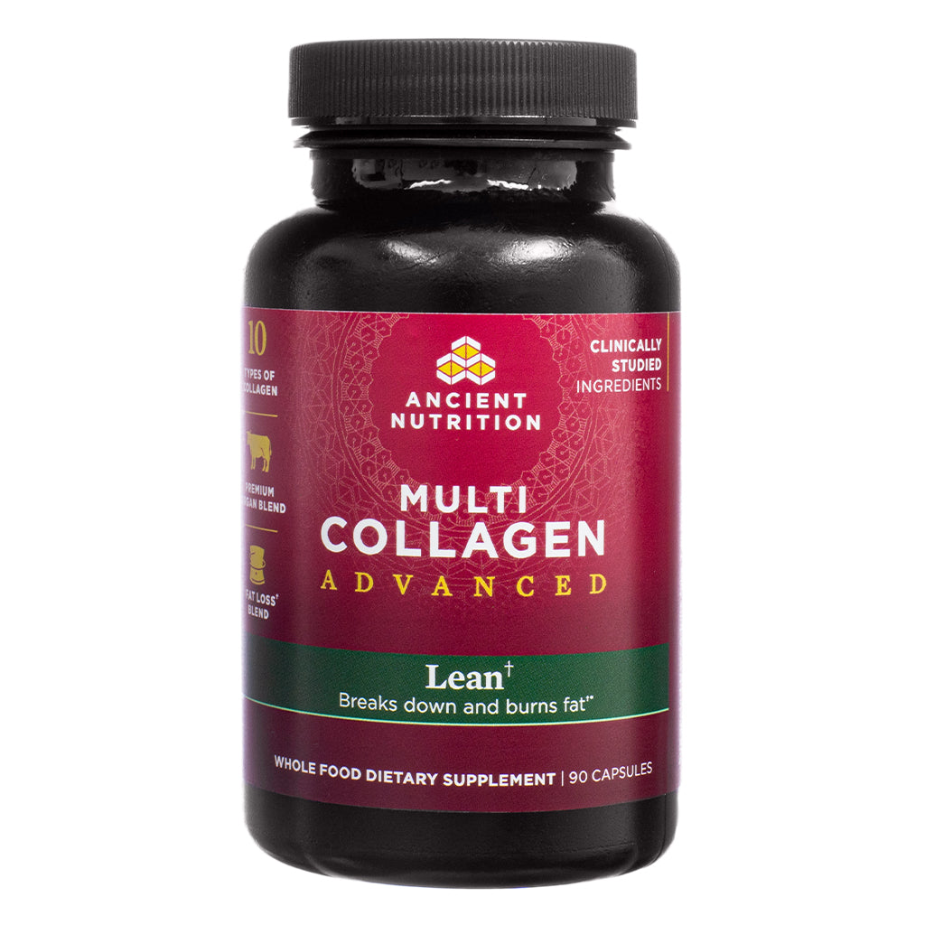 The front label of Ancient Nutrition Multi Collagen Advanced Lean 90 Capsules displays the product name and tagline “Breaks down and burns fat,” highlighting its lean support, clinically studied ingredients, and 10 types of collagen.