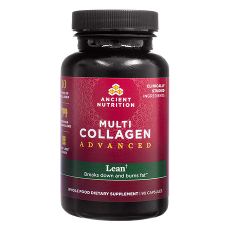 The front label of Ancient Nutrition Multi Collagen Advanced Lean 90 Capsules displays the product name and tagline “Breaks down and burns fat,” highlighting its lean support, clinically studied ingredients, and 10 types of collagen.