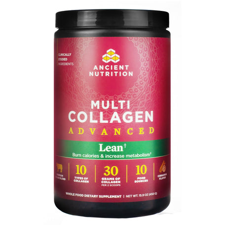 The front label of Ancient Nutrition Multi Collagen Advanced Lean Cinnamon 15.9 oz displays key benefits like burning calories and increasing metabolism, along with product highlights such as 10 types of collagen, 30 grams per serving, and cinnamon flavor.