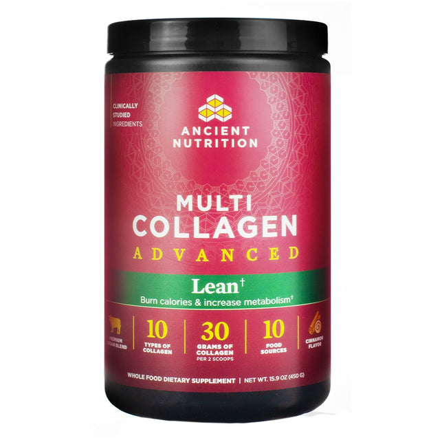 The front label of Ancient Nutrition Multi Collagen Advanced Lean Cinnamon 15.9 oz displays key benefits like burning calories and increasing metabolism, along with product highlights such as 10 types of collagen, 30 grams per serving, and cinnamon flavor.