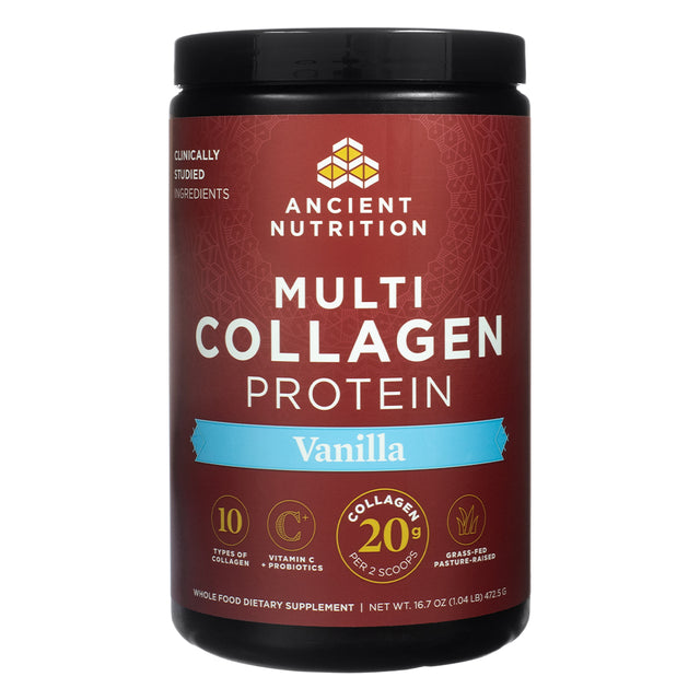 Jar of Ancient Nutrition Multi Collagen Protein Vanilla featuring a red and black label with callouts for 10 types of collagen, 20g collagen per 2 scoops, and added vitamin C and probiotics. Label notes it is grass-fed, pasture-raised, and flavored with natural vanilla.