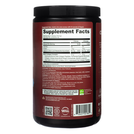 Back label of Ancient Nutrition Multi Collagen Protein Vanilla 16.7 oz showing supplement facts for 1 and 2 scoop servings, including protein content, vitamin C, and a collagen complex blend. Also includes ingredient list, allergen info, barcode, and manufacturing details.