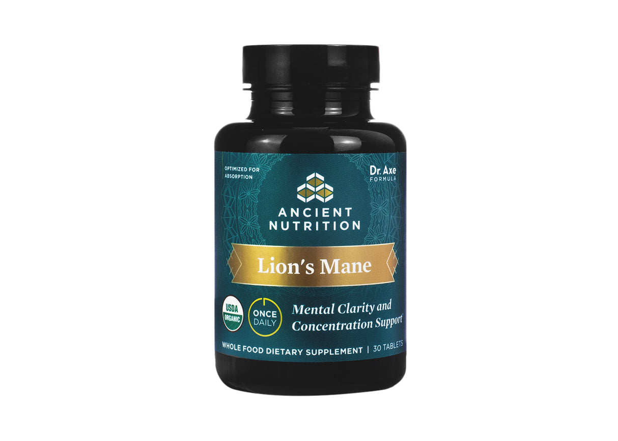 Bottle of Ancient Nutrition Organic Lion's Mane dietary supplement, designed for mental clarity and concentration support. The label notes it is USDA Organic, once-daily, and contains 30 tablets, with a teal and gold color scheme.