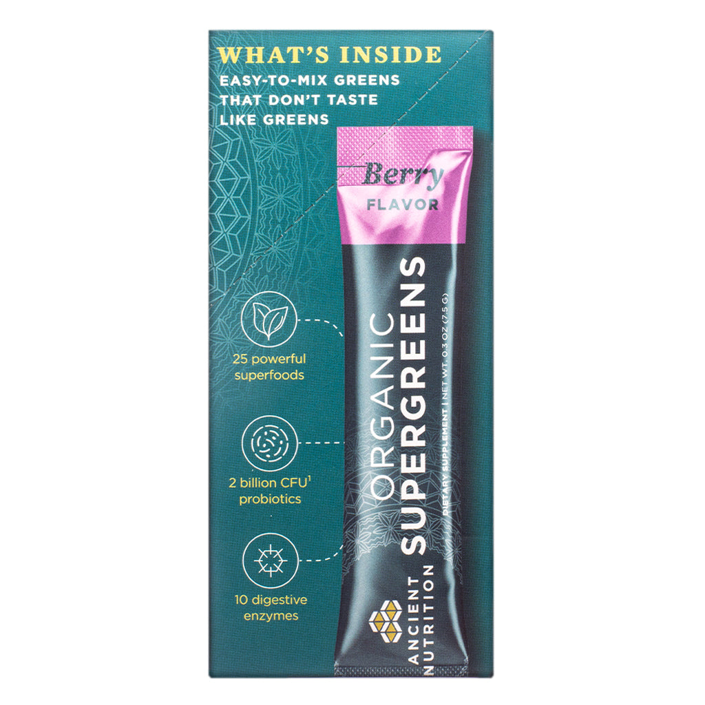 Side panel of Ancient Nutrition Organic SuperGreens Berry 4.2 oz Stick Packs featuring an individual stick illustration with highlights such as 25 powerful superfoods, 2 billion CFU probiotics, and 10 digestive enzymes.