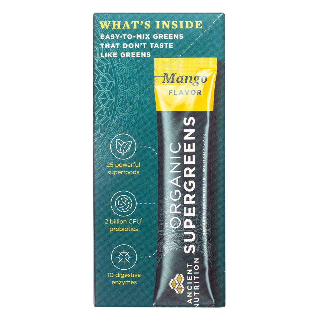 Side panel of Ancient Nutrition Organic SuperGreens Mango 4.3 oz Stick Packs showing a single mango-flavored stick with icons calling out 25 superfoods, 2 billion CFU probiotics, and 10 digestive enzymes.