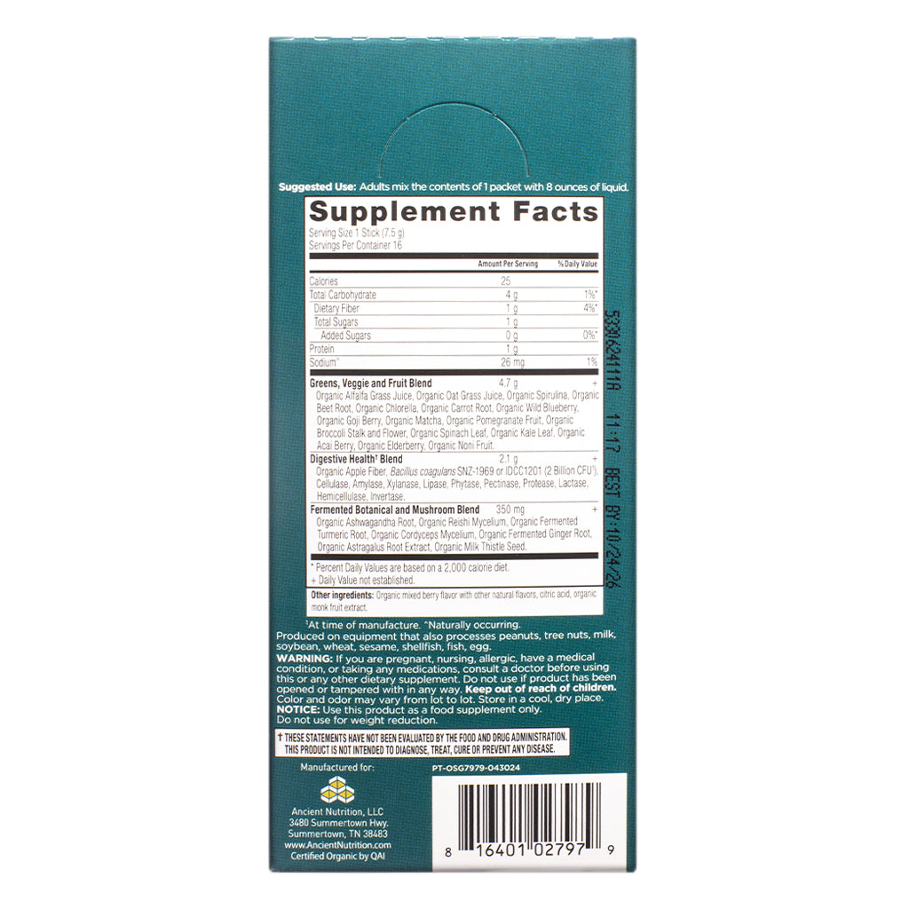 The supplement facts panel of Ancient Nutrition Organic SuperGreens Berry 4.2 oz Stick Packs lists the nutritional profile per serving, including the greens, fruit, probiotic, and mushroom blends with ingredients like spirulina, blueberry, and reishi.