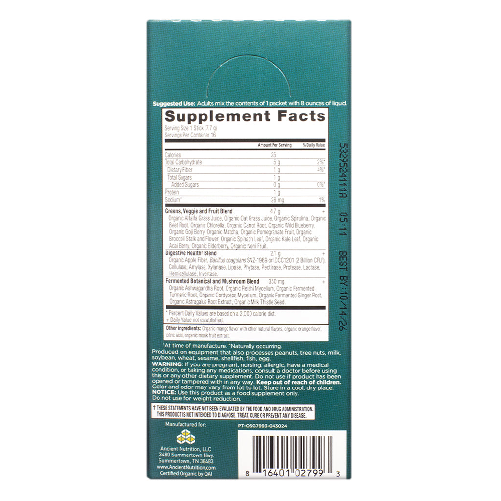 The supplement facts panel of Ancient Nutrition Organic SuperGreens Mango 4.3 oz Stick Packs lists nutrition information and blends, including greens and fruit, digestive health, and fermented botanical and mushroom ingredients.