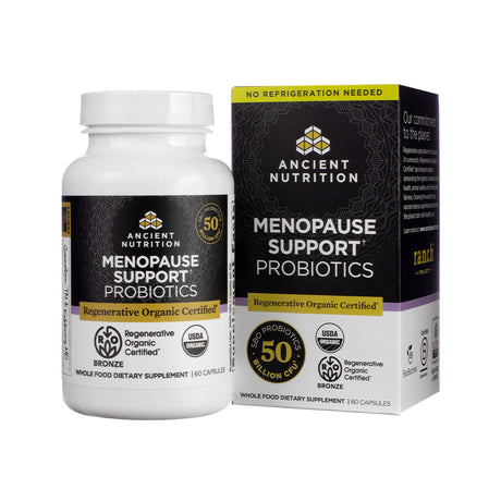 Front label of Ancient Nutrition Regenerative Organic Certified Menopause Support Probiotics in capsule form, developed to support gut and hormonal health during menopause.