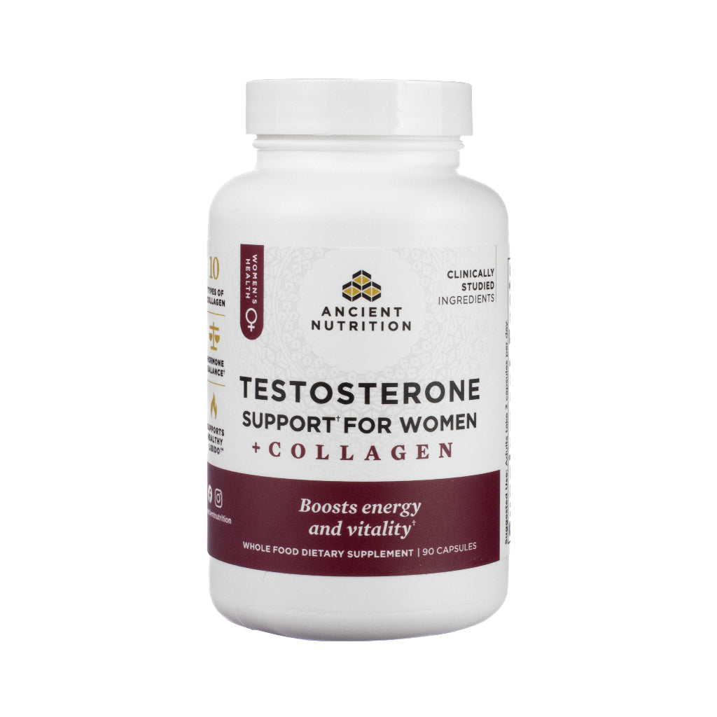 Front-facing image of Ancient Nutrition Testosterone Support for Women + Collagen Capsules, 90-count bottle, featuring a beige and pink label design with bold product name, Ancient Nutrition logo, and highlighted benefits for women’s hormonal health and collagen support.