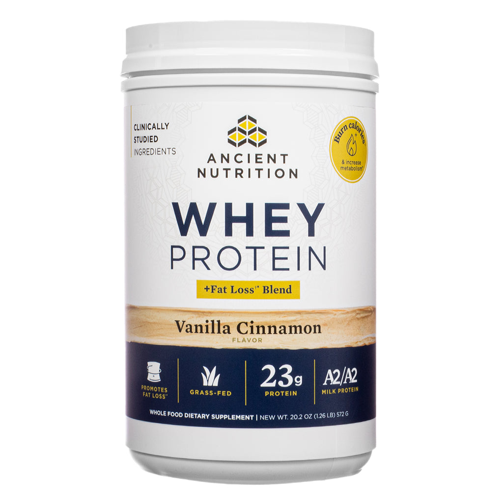 The front label of Ancient Nutrition Whey Protein + Fat Loss Blend Vanilla Cinnamon 20.2 oz highlights 23g of protein, A2/A2 milk protein, and benefits like fat loss and metabolism support. The flavor and grass-fed source are prominently featured.