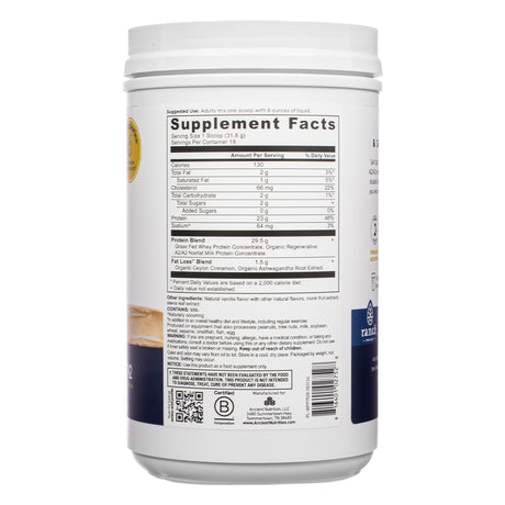 The supplement facts panel of Ancient Nutrition Whey Protein + Fat Loss Blend Vanilla Cinnamon 20.2 oz lists macros per serving, protein sources, and the Fat Loss Blend with cinnamon and ashwagandha. Includes usage directions and certifications.
