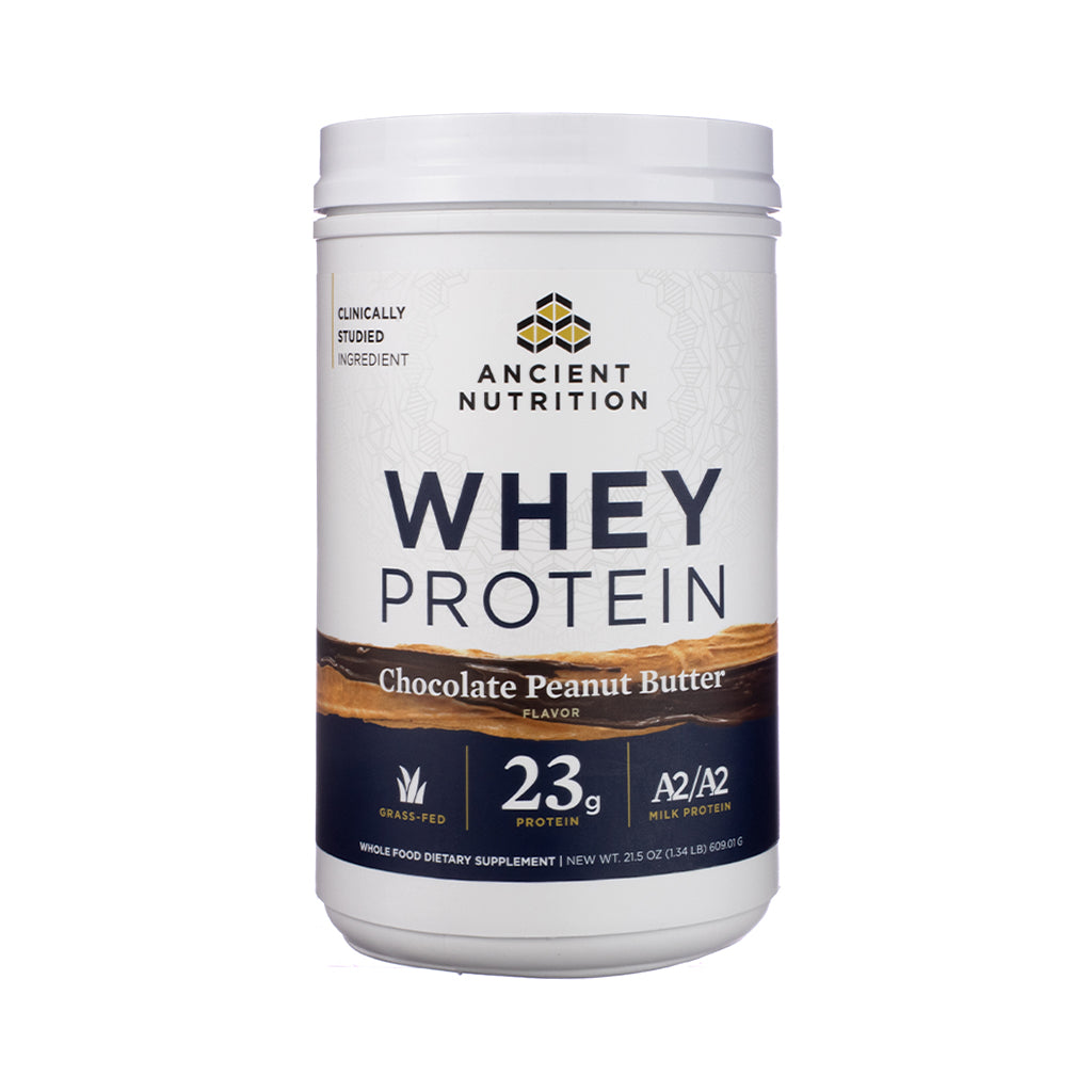 Front label of Ancient Nutrition Whey Protein Powder in Chocolate Peanut Butter flavor, featuring rich brown and tan design, bold product title, nutritional callouts, and a scoop graphic indicating flavor and protein content.
