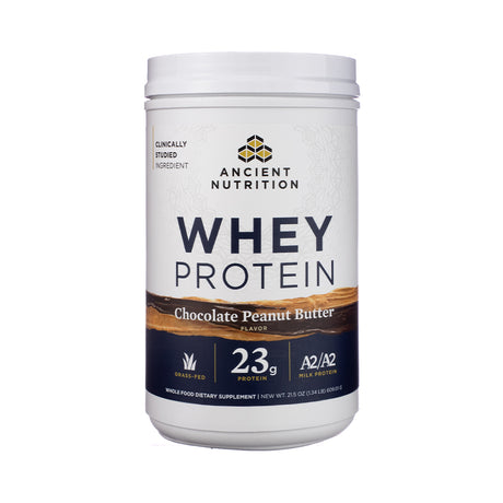 Front label of Ancient Nutrition Whey Protein Powder in Chocolate Peanut Butter flavor, featuring rich brown and tan design, bold product title, nutritional callouts, and a scoop graphic indicating flavor and protein content.