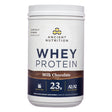 The front label of Ancient Nutrition Whey Protein Powder Milk Chocolate 22.8 oz shows the product's branding, highlighting 23g of protein per serving, A2/A2 milk protein, and grass-fed sourcing.