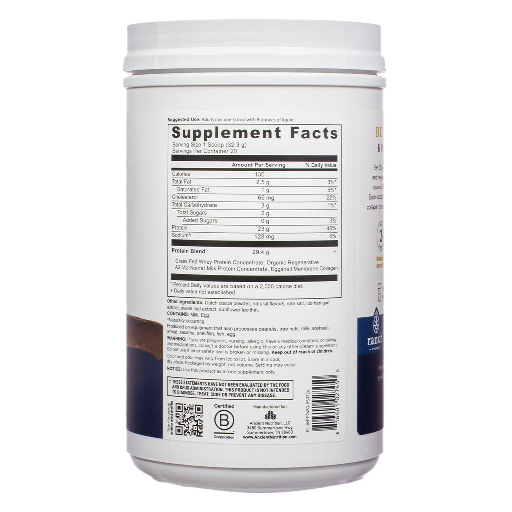 The supplement facts label of Ancient Nutrition Whey Protein Powder Milk Chocolate 22.8 oz shows nutritional details per scoop, including 23g protein, 2g sugar, 2.5g total fat, and a protein blend of grass-fed whey, A2/A2 milk protein, and eggshell membrane collagen.