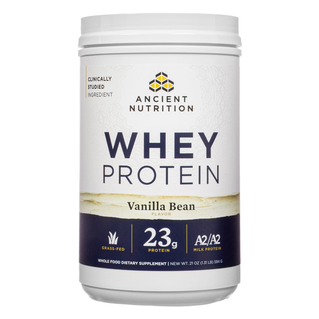 Front view of Ancient Nutrition Whey Protein Powder - Vanilla Bean 21 oz, featuring a clean white label with bold navy text, highlighting 23g protein, grass-fed and A2/A2 milk protein benefits.