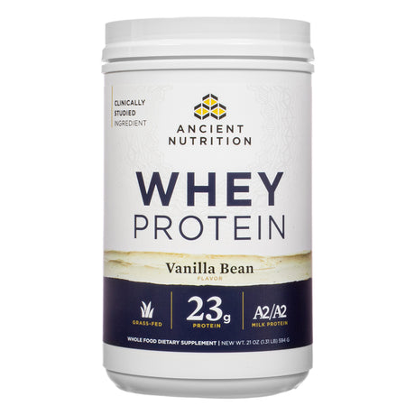 Front view of Ancient Nutrition Whey Protein Powder - Vanilla Bean 21 oz, featuring a clean white label with bold navy text, highlighting 23g protein, grass-fed and A2/A2 milk protein benefits.
