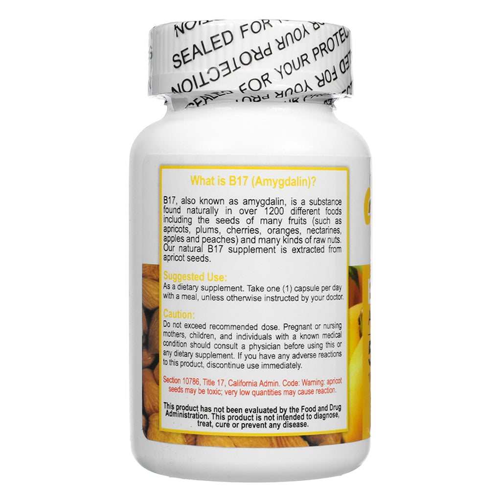 Informational panel of Apricot Power B17 Amygdalin 500mg 100 Capsules, explaining natural sources of amygdalin, suggested use, cautionary notes, and regulatory disclaimer.