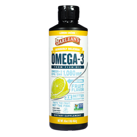 Front view of Barlean's Omega-3 Lemon Crème 16oz, highlighting 1,080mg EPA/DHA from fish oil, natural fruit flavor, and 3x better absorption benefits.