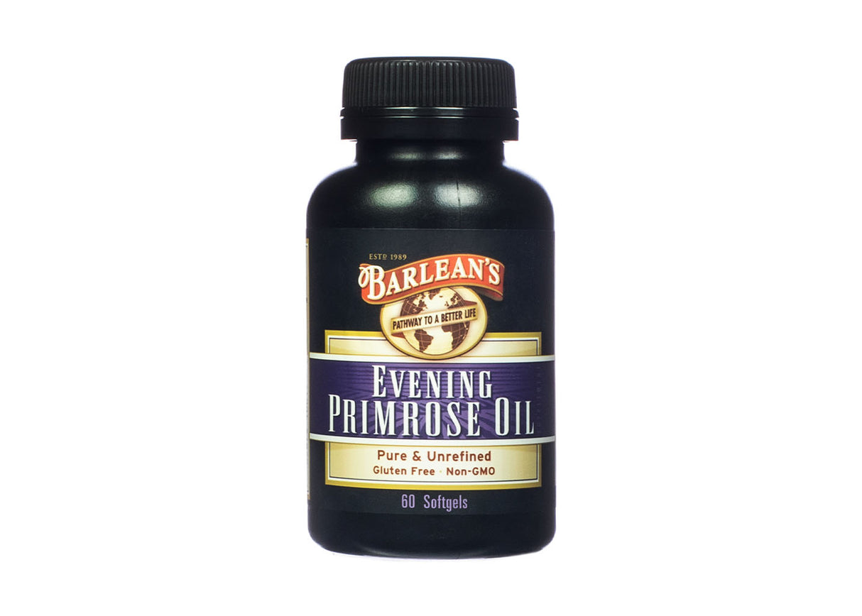 Dark bottle of Barlean’s Evening Primrose Oil featuring 60 softgels. The label states it is pure and unrefined, gluten-free, and non-GMO, with the brand’s slogan “Pathway to a Better Life.”