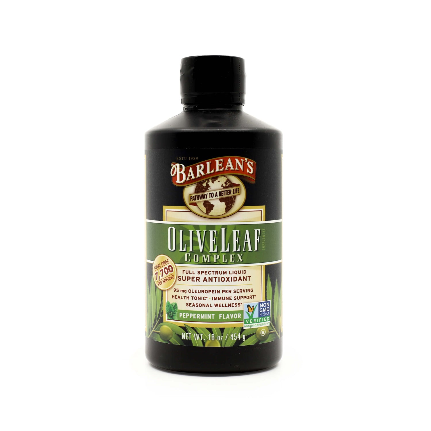 Black bottle of Barlean’s Olive Leaf Complex in peppermint flavor, containing 16 oz (454 g). The label promotes it as a full-spectrum liquid super antioxidant with 95 mg of oleuropein per serving, supporting immune health, seasonal wellness, and featuring a Non-GMO Project Verified badge.