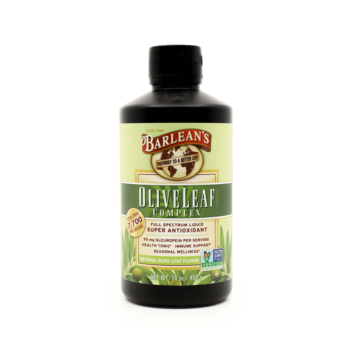 Bottle of Barlean’s Olive Leaf Complex, a full-spectrum liquid supplement with natural olive leaf flavor. Contains 16 oz (454 g), offering 95 mg of oleuropein per serving and promotes immune support, seasonal wellness, and antioxidant benefits; labeled Non-GMO Project Verified.